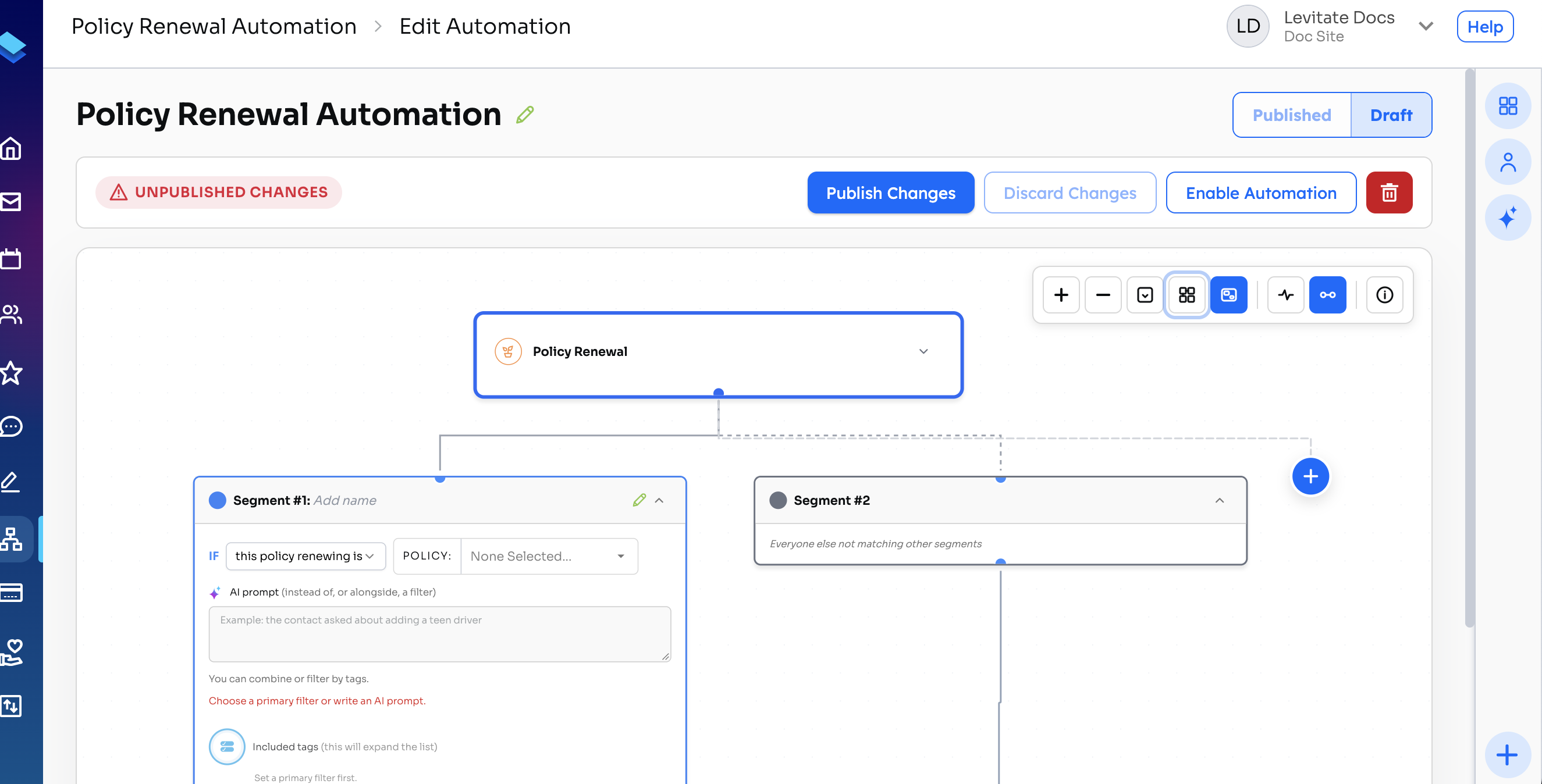 Policy Renewal Automation editor with the Policy Renewal trigger branching into Segment #1, filtered by policy, and Segment #2 for everyone else