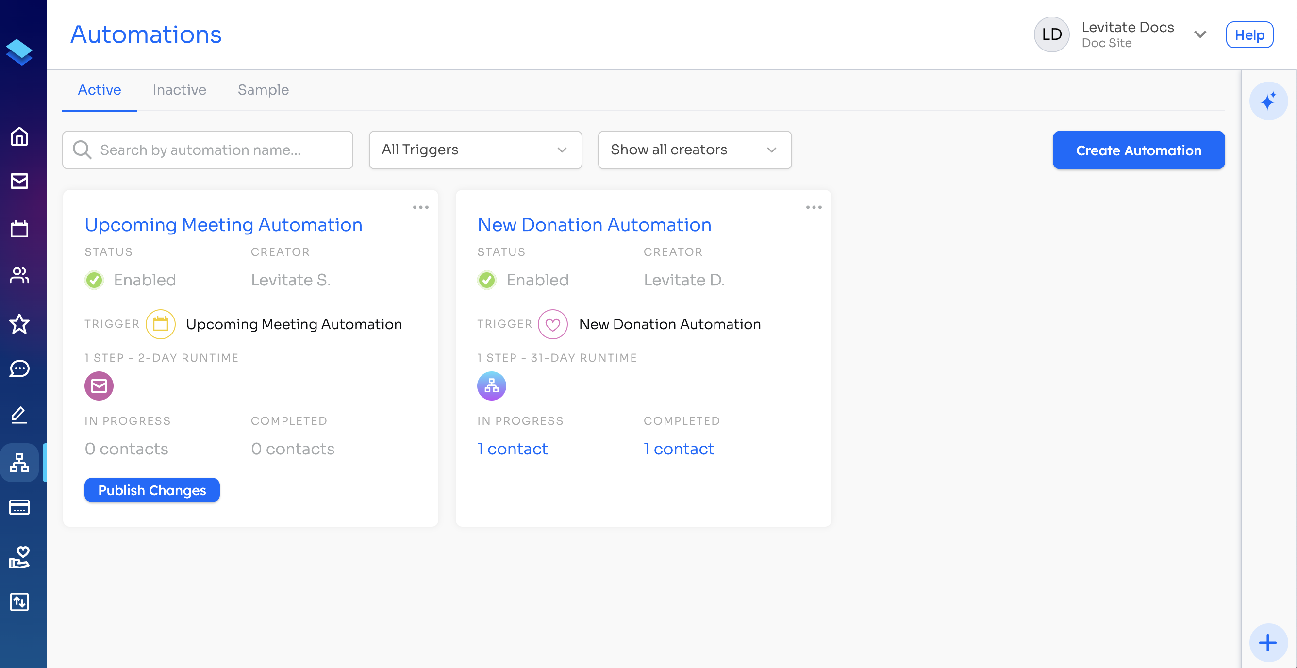 Automations page with the Create Automation button
