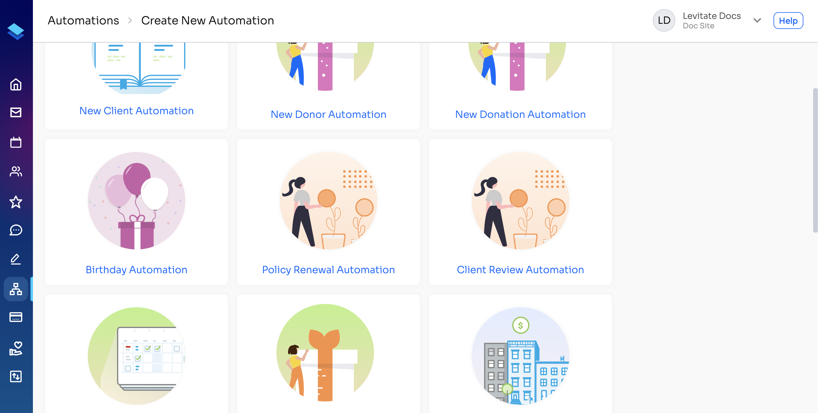 Create New Automation page listing automation types, including Policy Renewal Automation