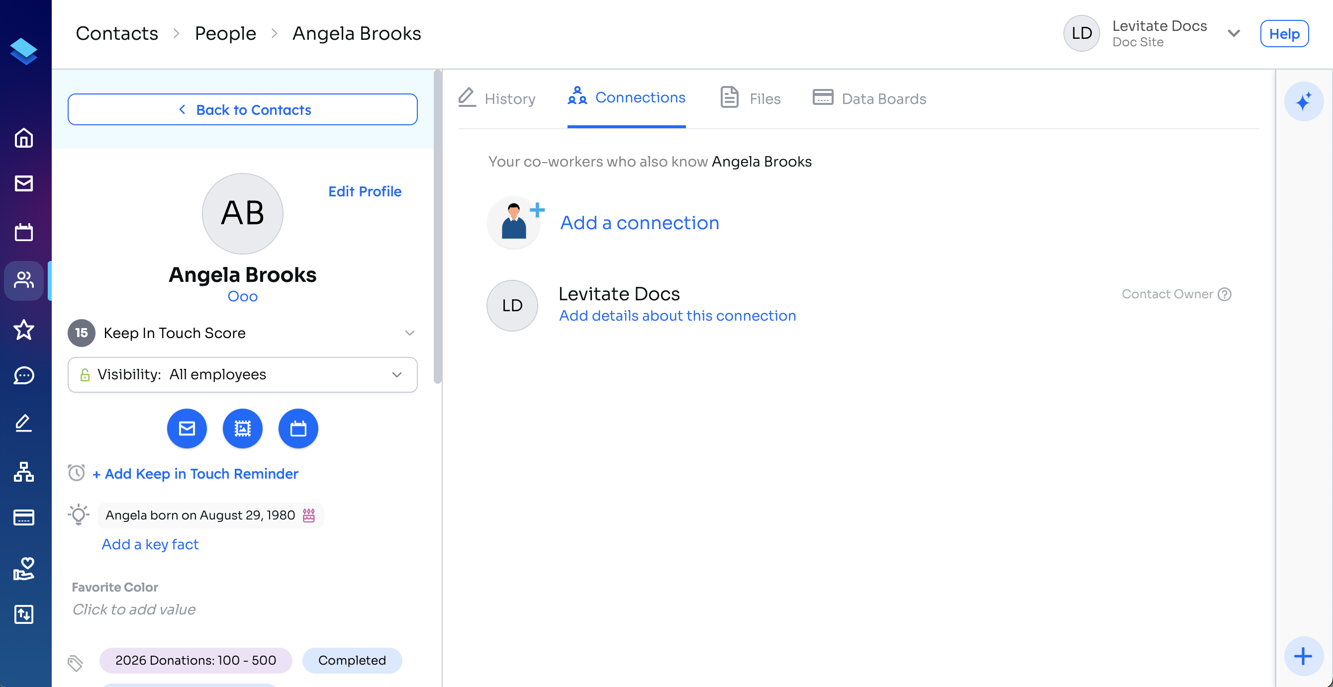 Contact profile on the Connections tab, listing co-workers who know the contact with the Contact Owner labeled and an Add a connection link