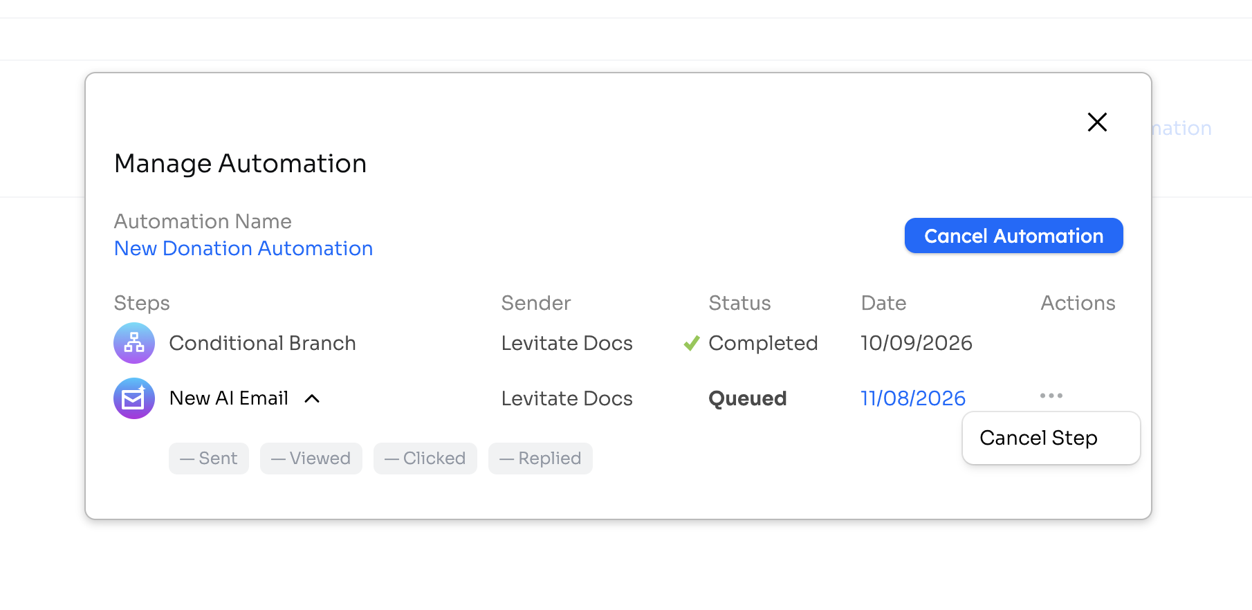 Manage Automation pop-up with the actions menu open on a queued step, and the step expanded to show its Sent, Viewed, Clicked, and Replied status badges