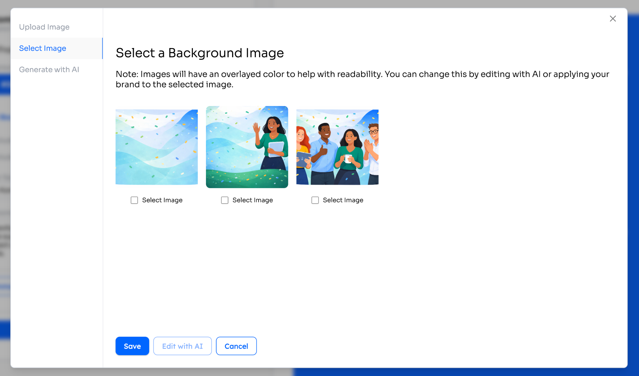 The Select a Background Image dialog with Upload Image, Select Image, and Generate with AI tabs and three background designs to choose from