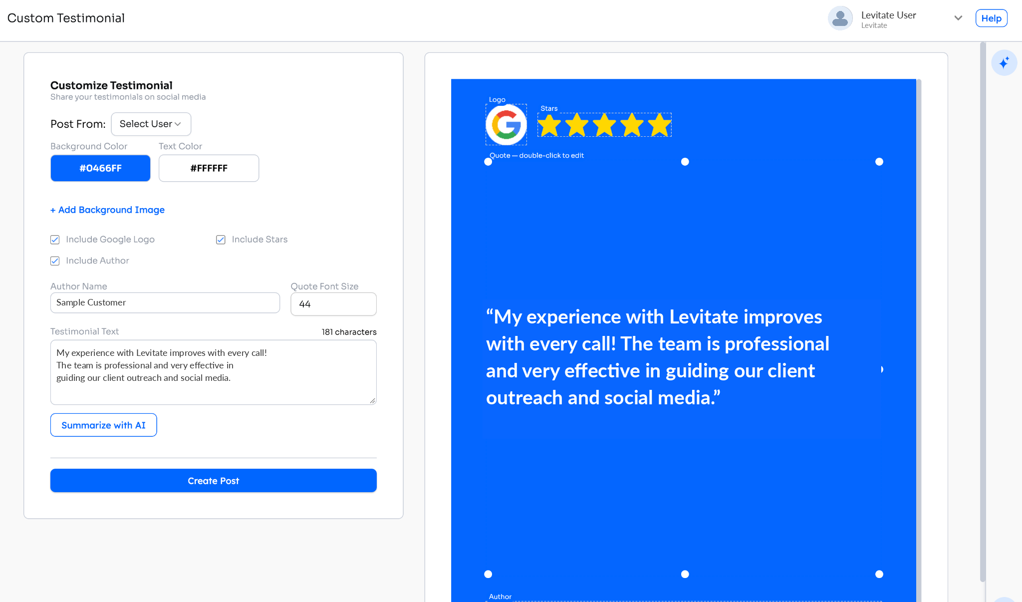 The Custom Testimonial editor with background and text color, include options, author name, testimonial text, Summarize with AI, and a live preview of the card