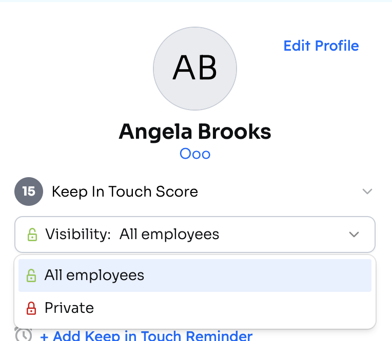 Contact profile with the Visibility dropdown open, showing All employees and Private