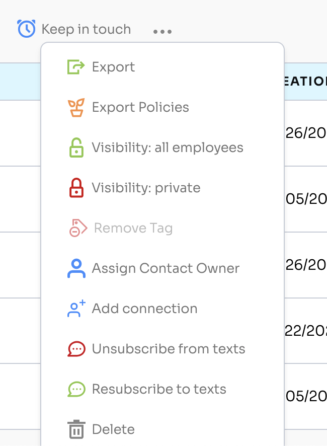 Contacts page actions menu with Visibility: all employees and Visibility: private options