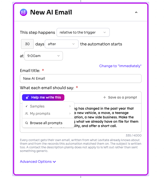 The AI Email step in the automation editor with the Help me write this menu open above the prompt box, showing Samples, My prompts, Browse all, and Save as a prompt.
