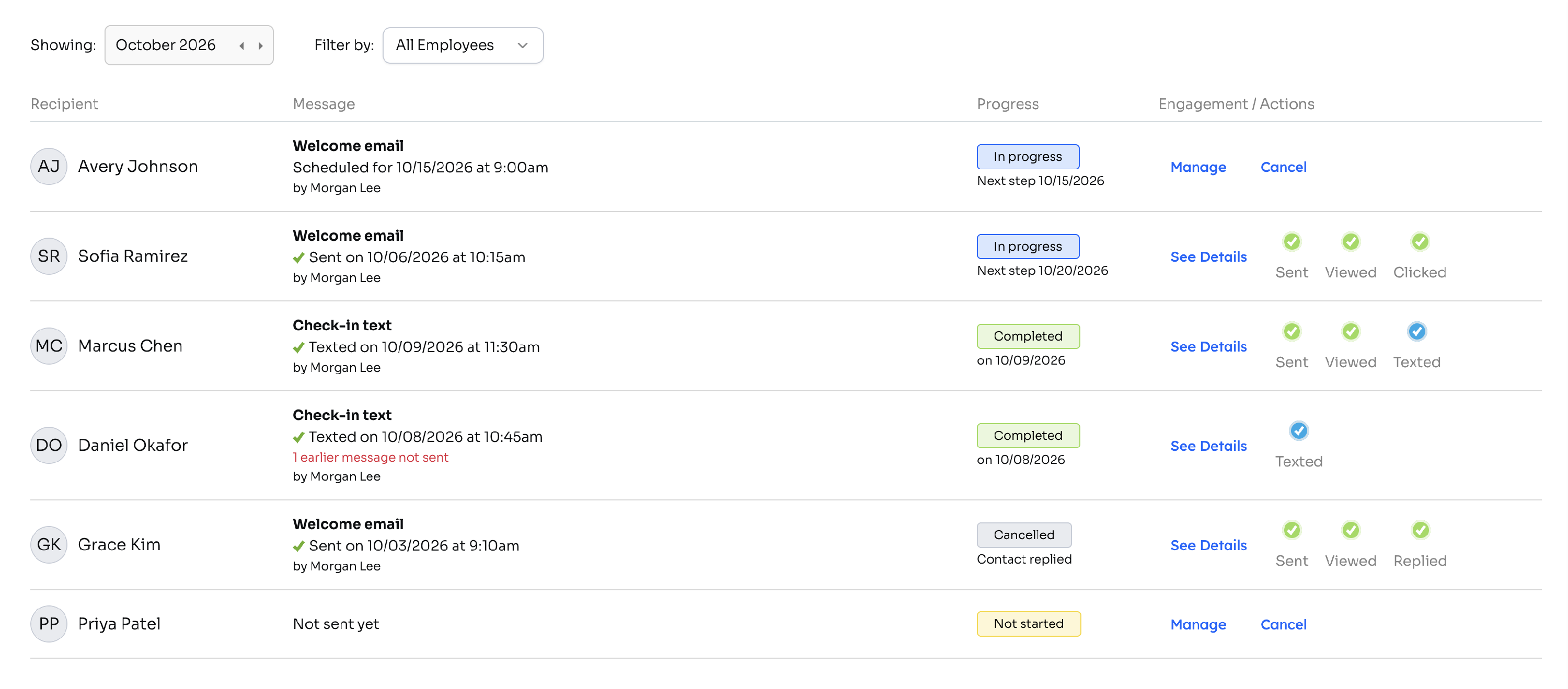 New Clients report showing the Recipient, Message, Progress, and Engagement / Actions columns, with Manage and Cancel on rows whose first message hasn't gone out and See Details on the others
