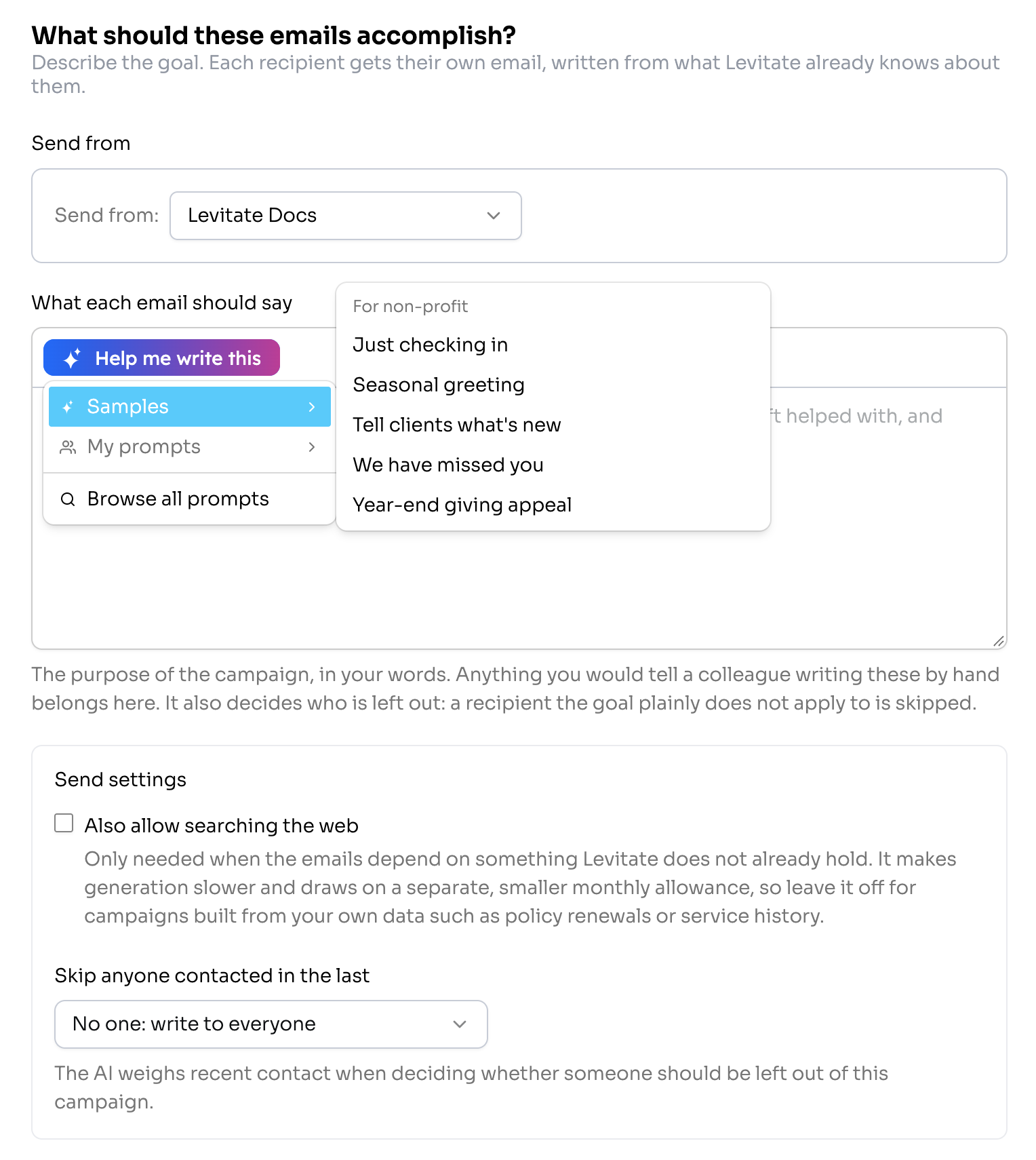The AI email campaign goal step with the Help me write this menu open on Samples, showing industry sample prompts, plus My prompts, Browse all prompts, and the Send settings below