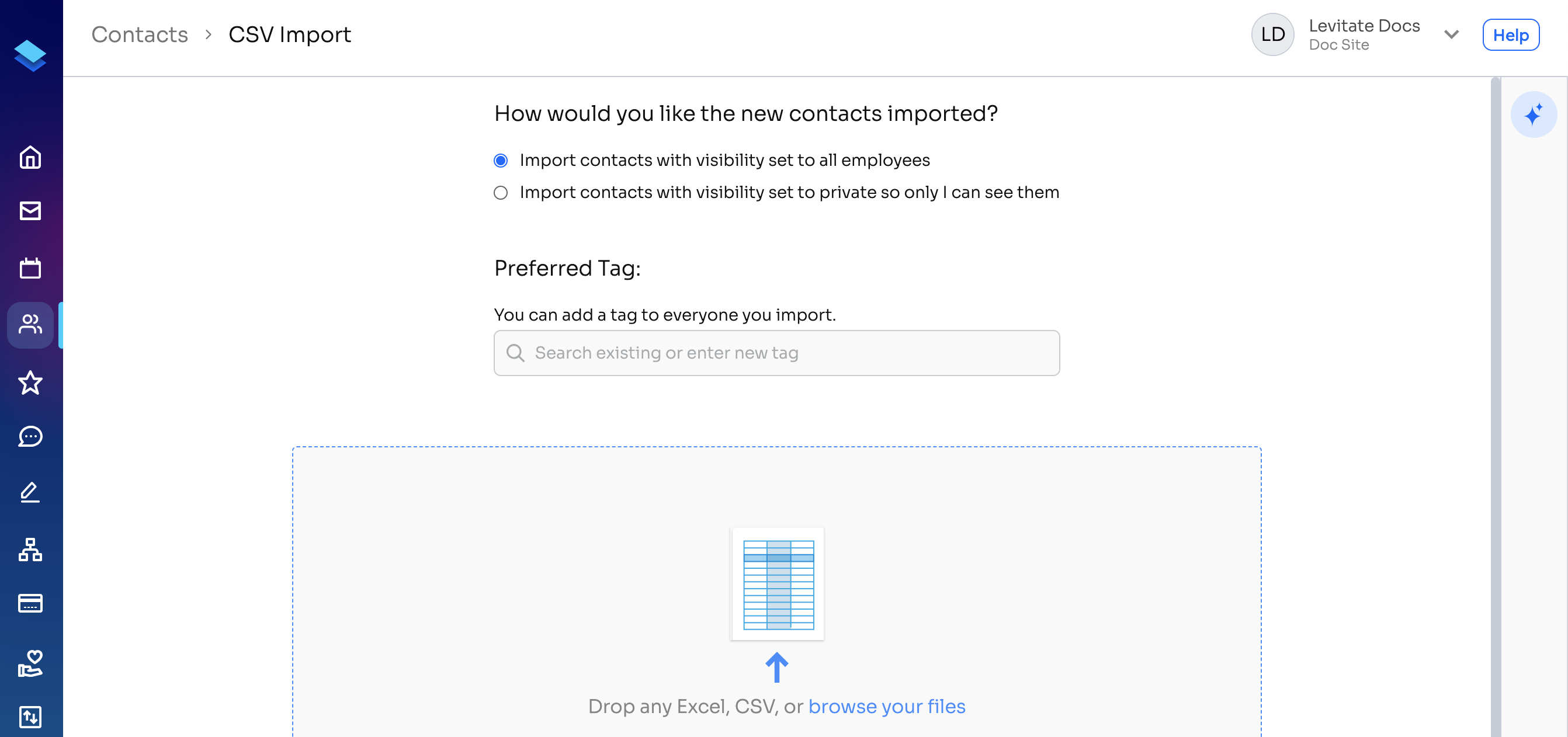 CSV Import page with the visibility options, the Preferred Tag field, and the file upload area
