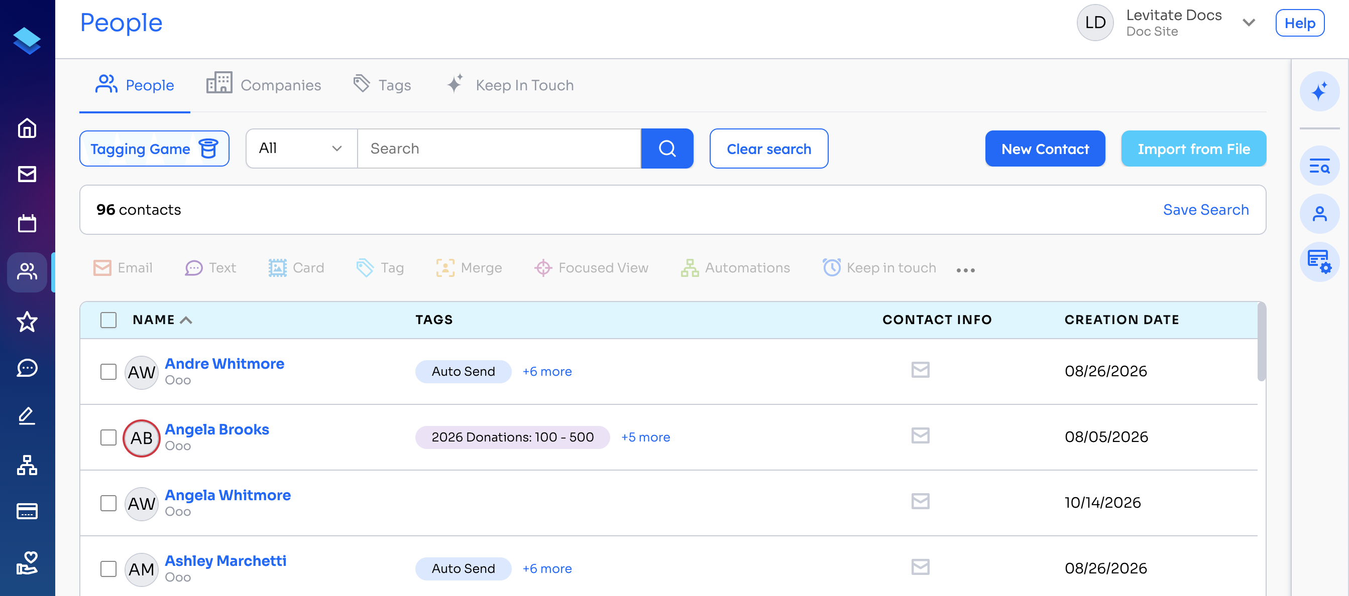 People page with the Import from File button in the upper right, next to New Contact