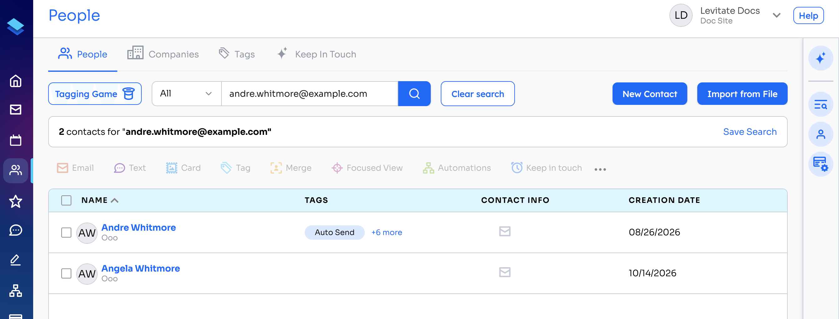 People page search for one email address, showing two contacts that share it