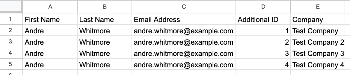 Spreadsheet with First Name, Last Name, Email Address, Additional ID, and Company columns, where four rows share one email address and have Additional IDs 1 through 4