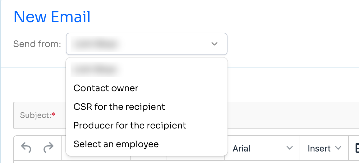 New Email Send from dropdown listing the account user, the contact owner option, CSR for the recipient, Producer for the recipient, and Select an employee