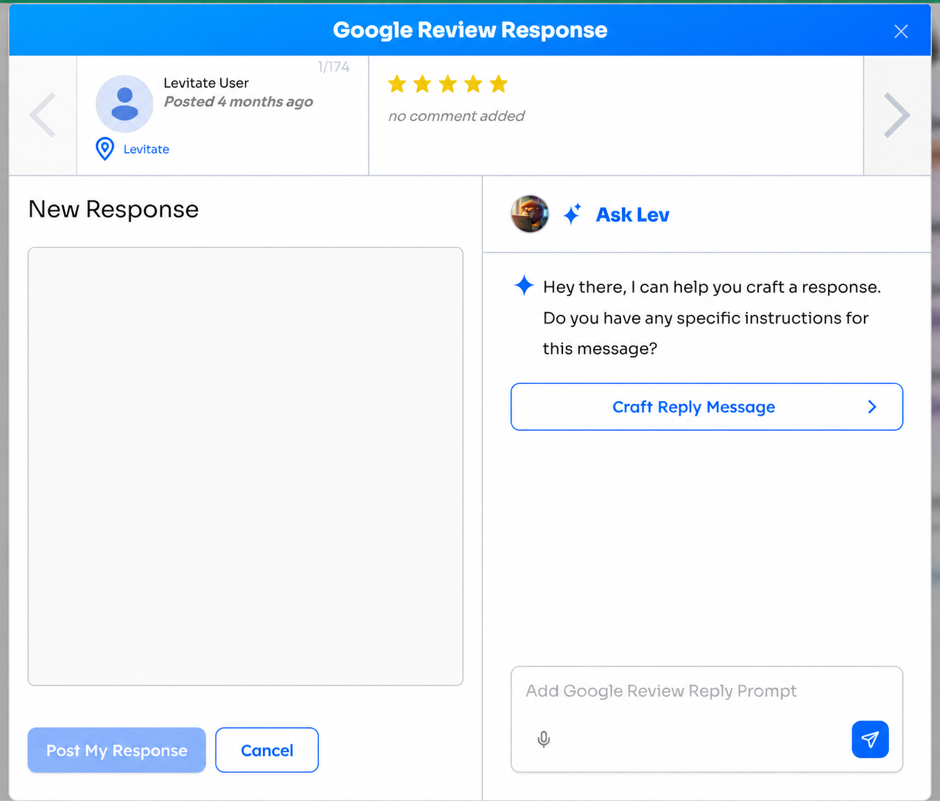 Google Review Response window with the review at the top, the New Response box with Post My Response, and Ask Lev with Craft Reply Message