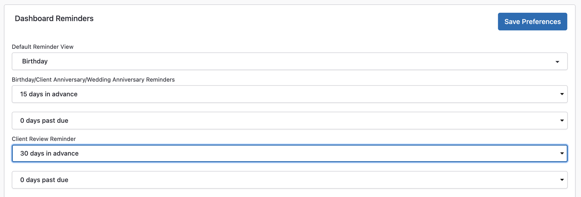 Redtail Dashboard Reminders settings with the Client Review Reminder dropdown set to 30 days in advance