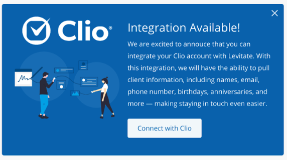 Clio Integration Available card on the Levitate Dashboard with a Connect with Clio button