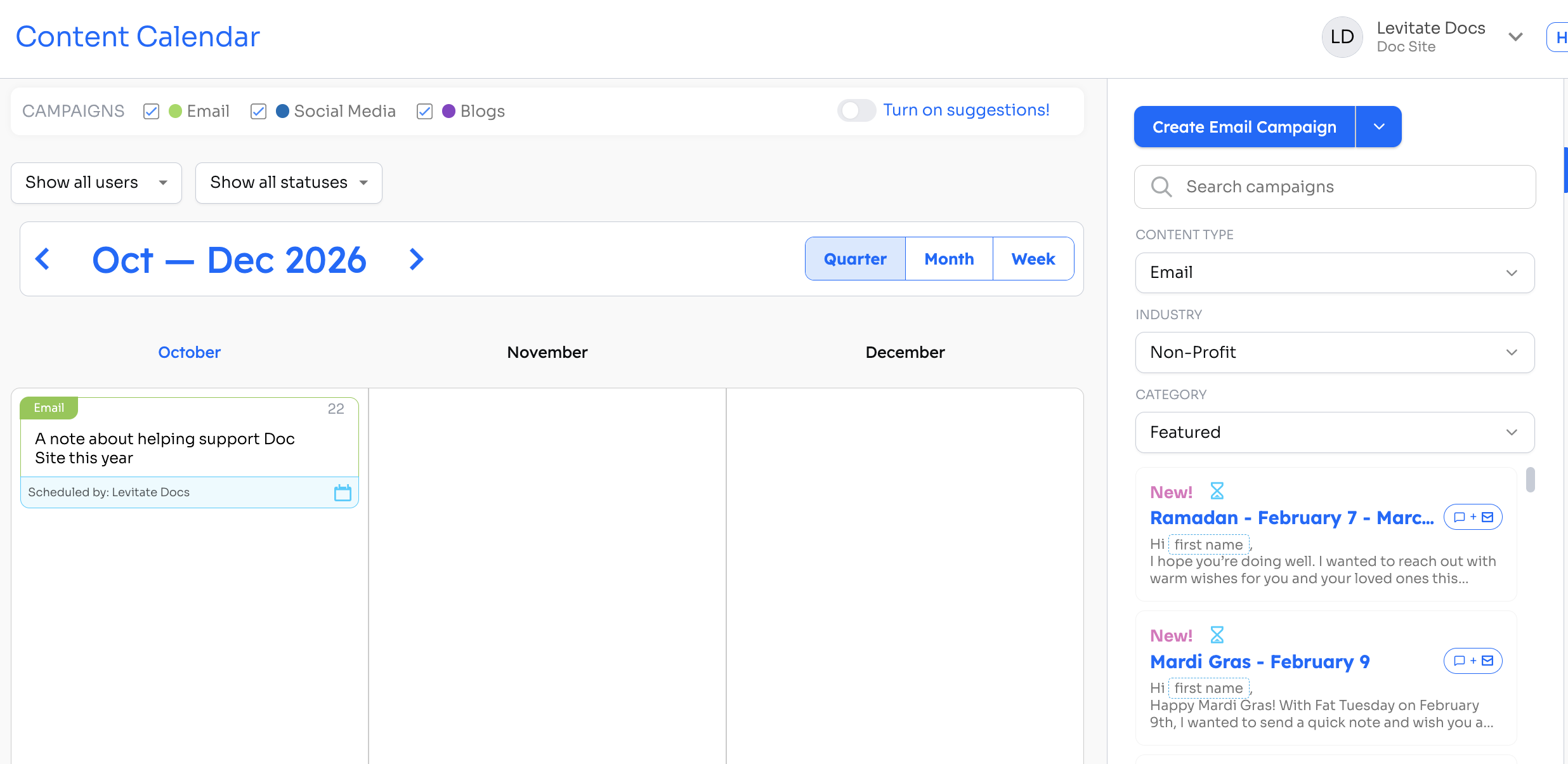 Content Calendar quarter view with a scheduled email and the Turn on suggestions toggle