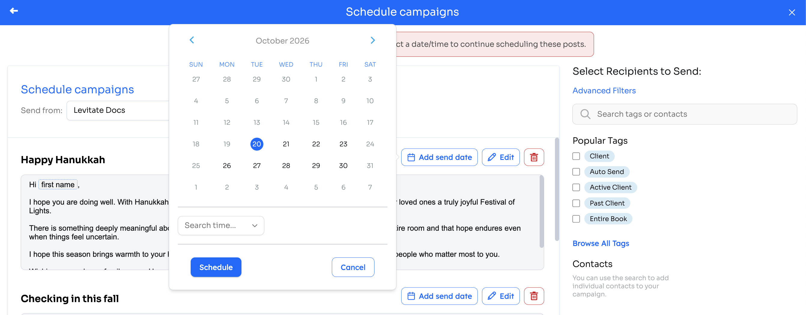 Schedule campaigns view with the send date picker open