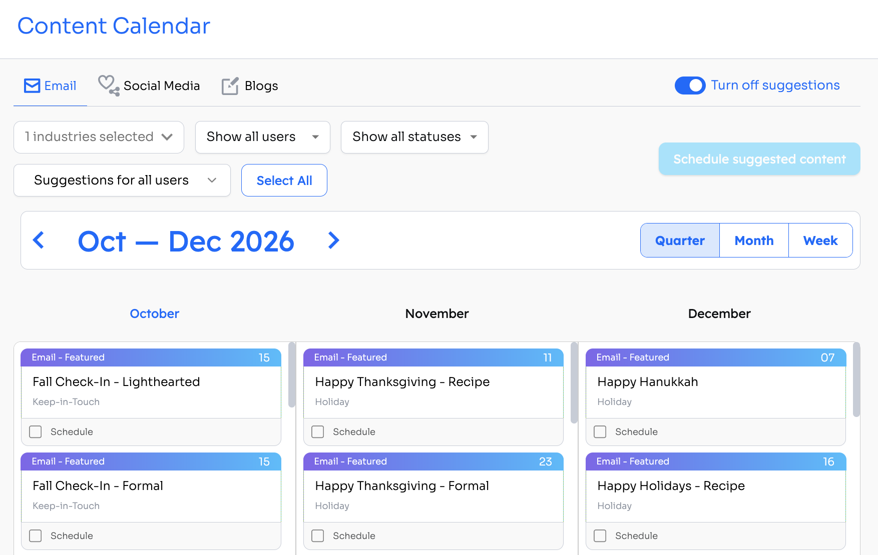 Content Calendar with suggestions turned on, showing suggested email cards with Schedule checkboxes