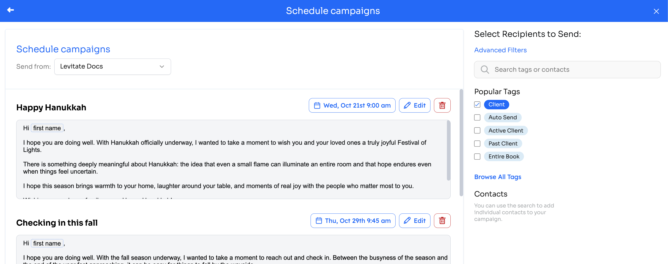Schedule campaigns view with send dates set and the Client tag selected