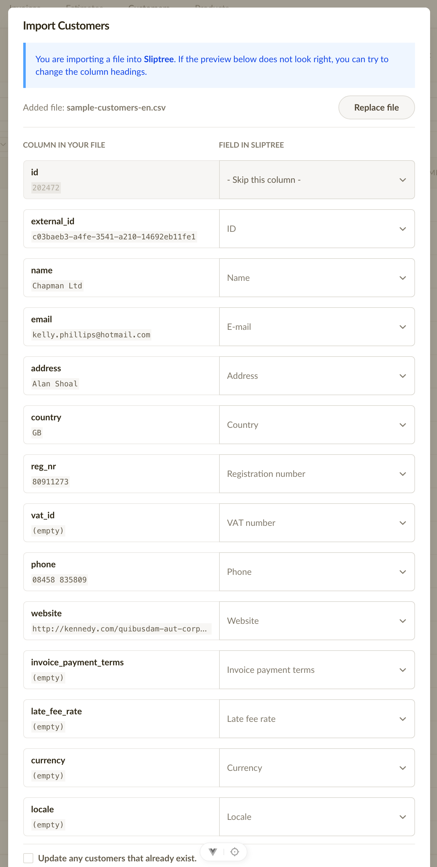 Column mapping step in the customer import dialog — source columns from the CSV on the left, Sliptree field dropdowns on the right, auto-mapped where the header name matched