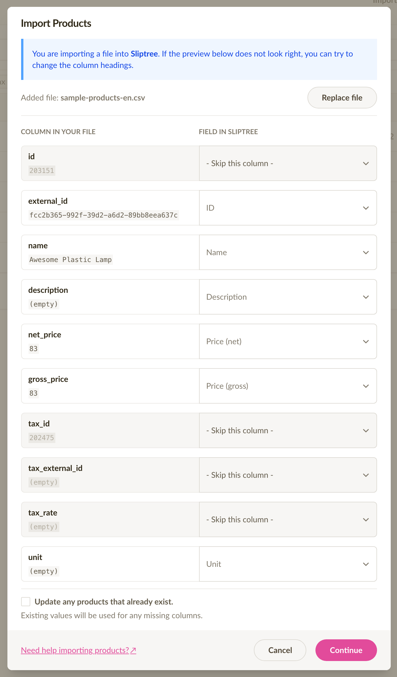 Column mapping step in the product import dialog — source columns (id, external_id, name, description, net_price, gross_price, tax_id) auto-mapped to Sliptree fields