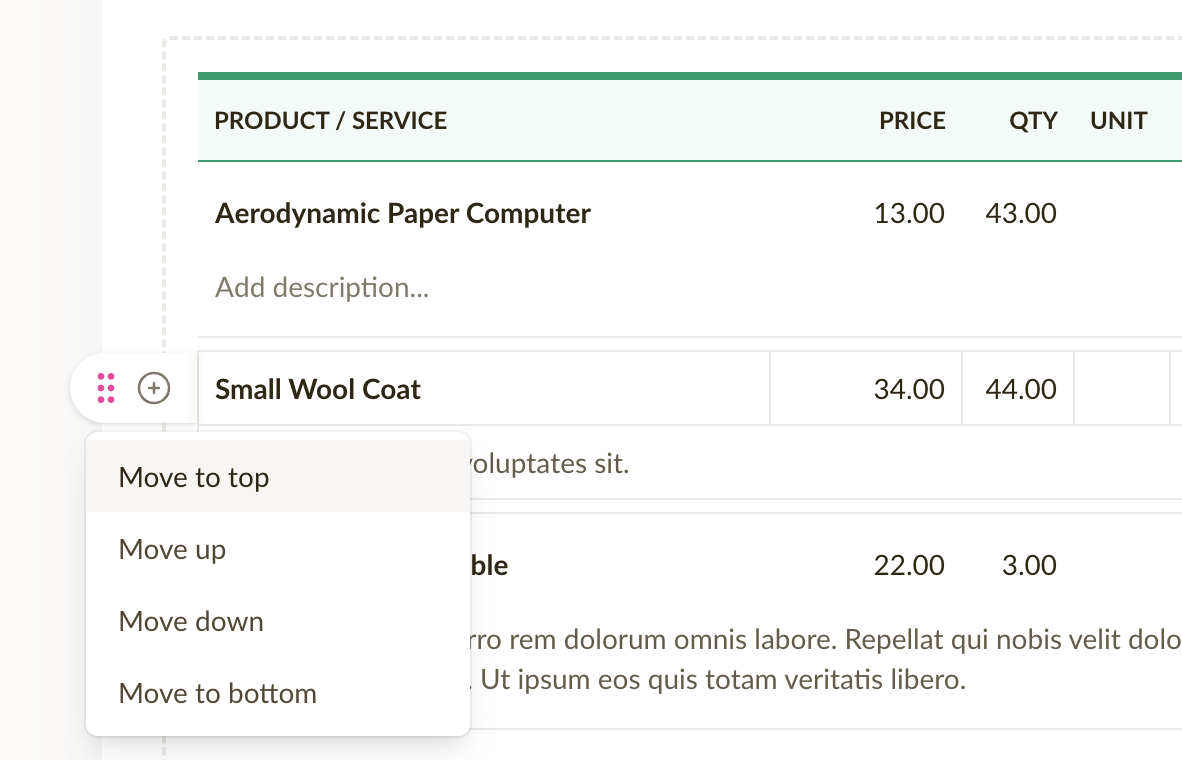 The reorder menu open next to a line item, showing Move to top / Move up / Move down / Move to bottom