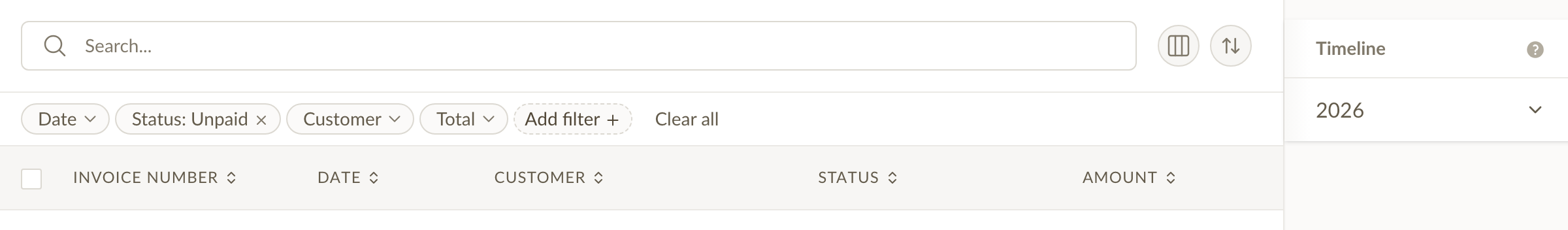 Invoices list with Date, Status, Customer, and Total filter pills active in the filter bar