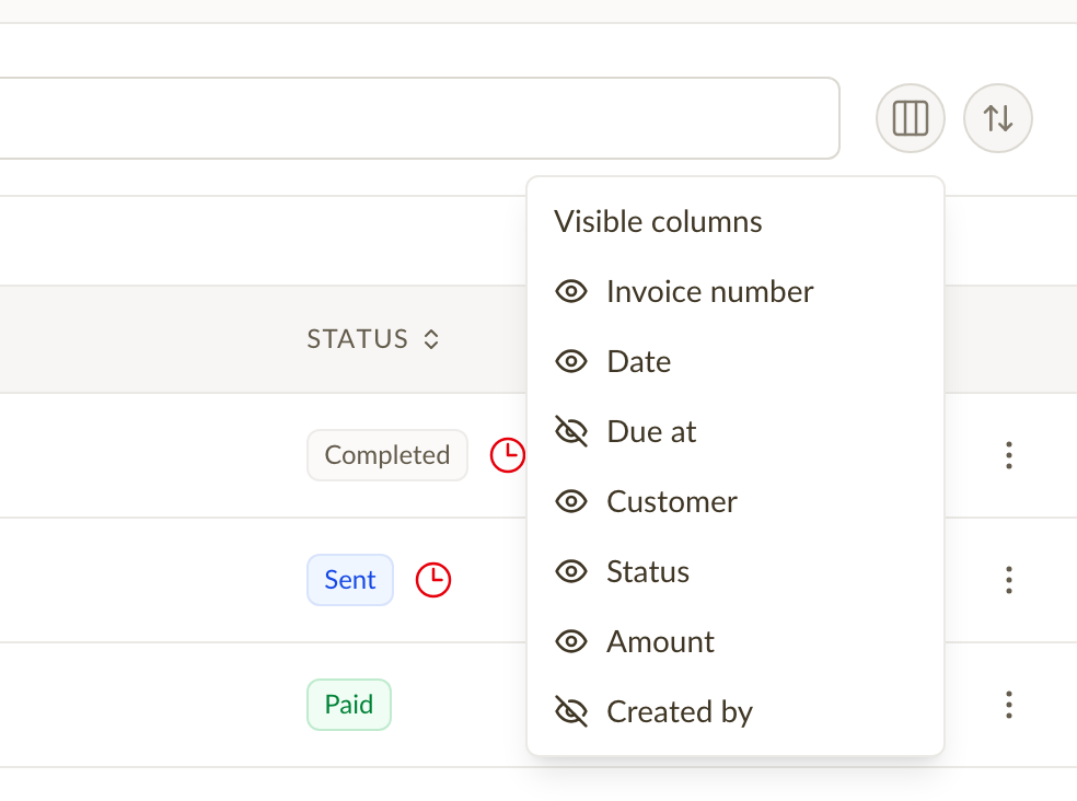 Column picker dropdown open on the invoices list, with eye-icon toggles for each available column