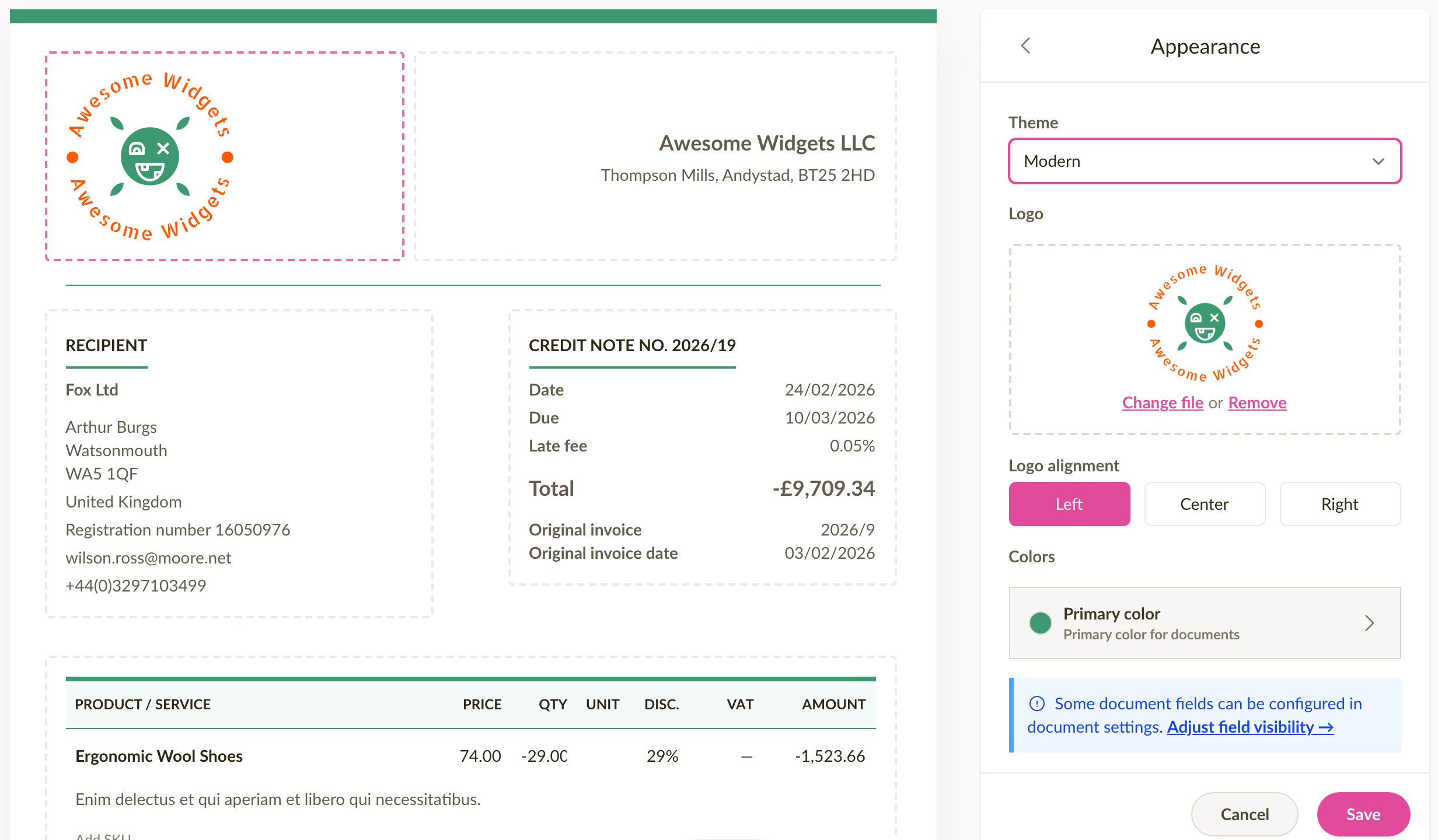 The Appearance panel open in the document editor, showing theme picker, logo, alignment, and primary color