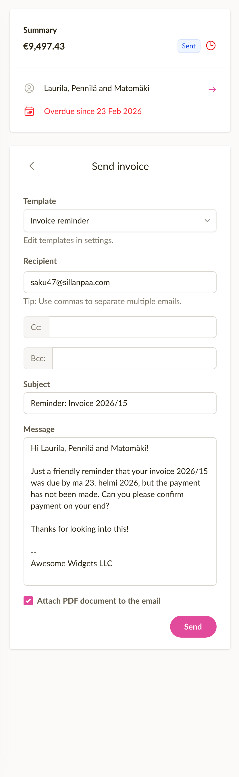 The Send invoice side panel open next to an invoice, with Template, Recipient, Cc / Bcc, Subject and Message fields visible