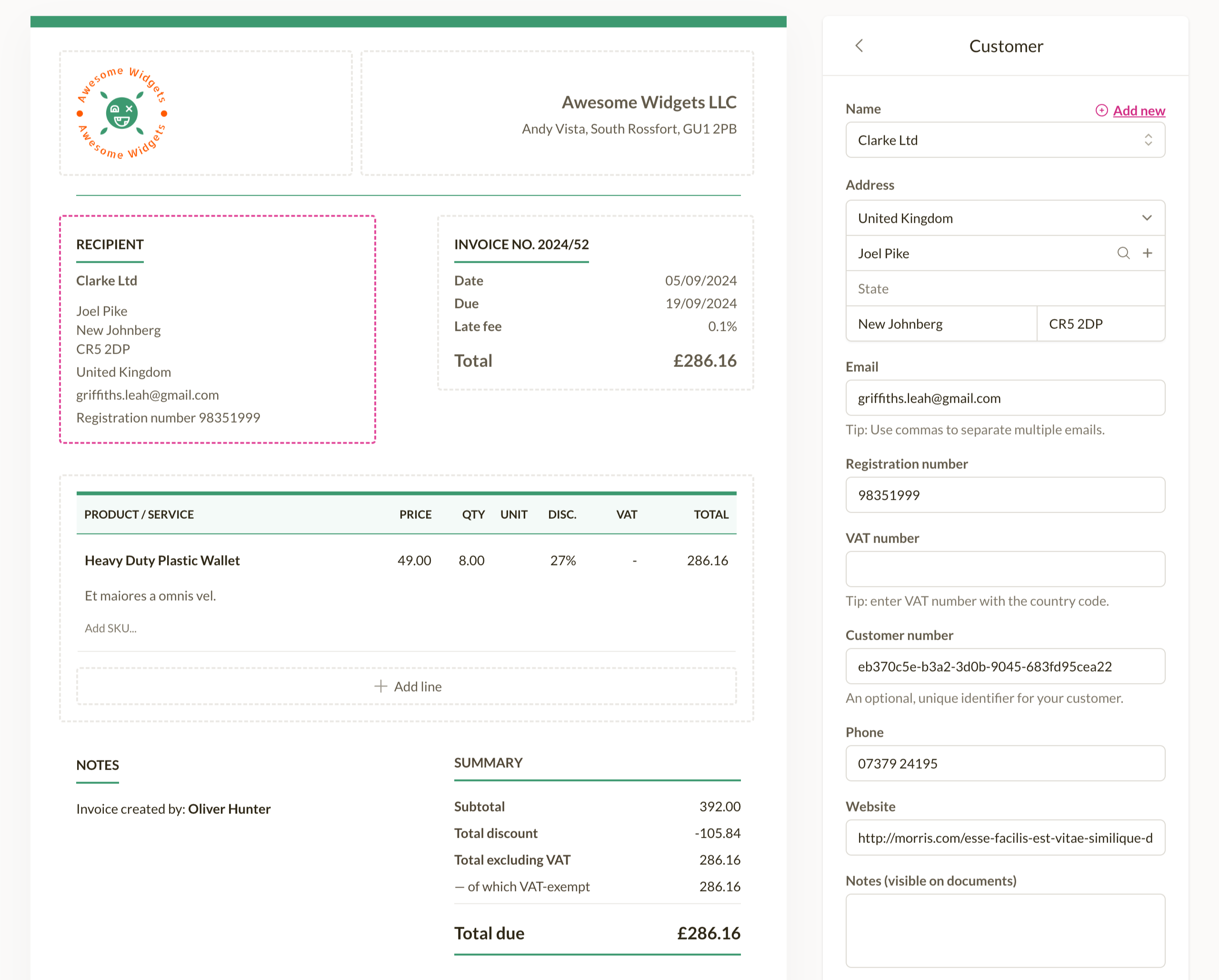 The Sliptree invoice editor: the document preview on the left, an editing side-panel on the right