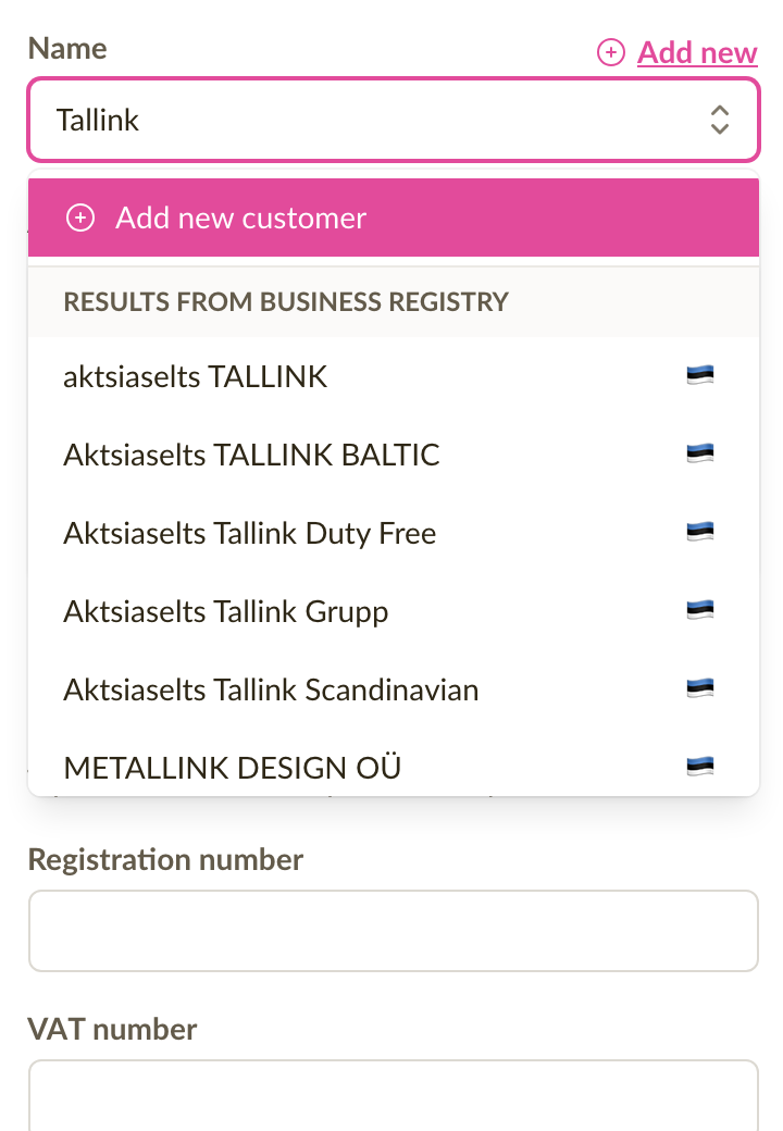 The Customer side-panel with the Name field showing a Business Registry match — "Add new customer" button on top, followed by registry results with country flags