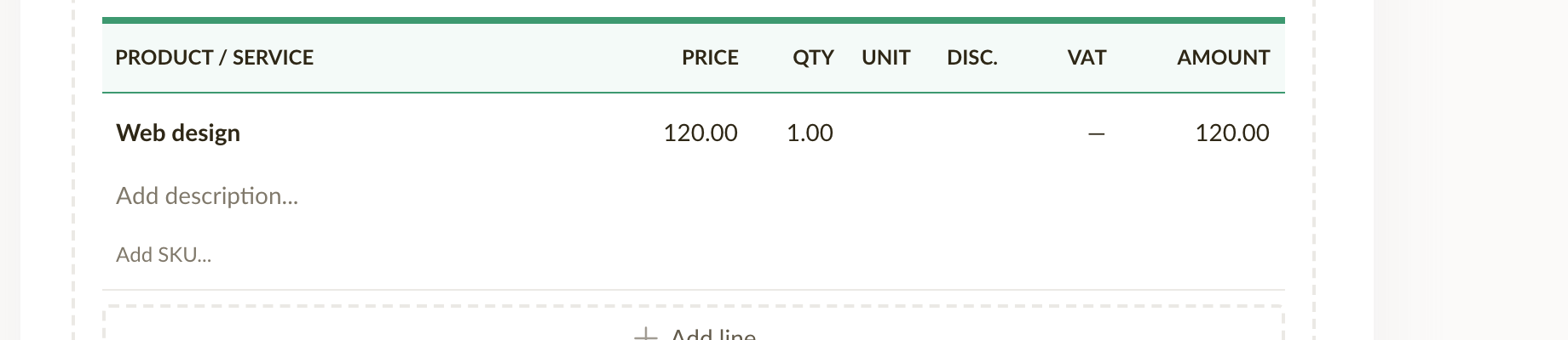 Close-up of a line item on the invoice with "Web design", price 120.00, quantity 1.00, and an "Add line" button below