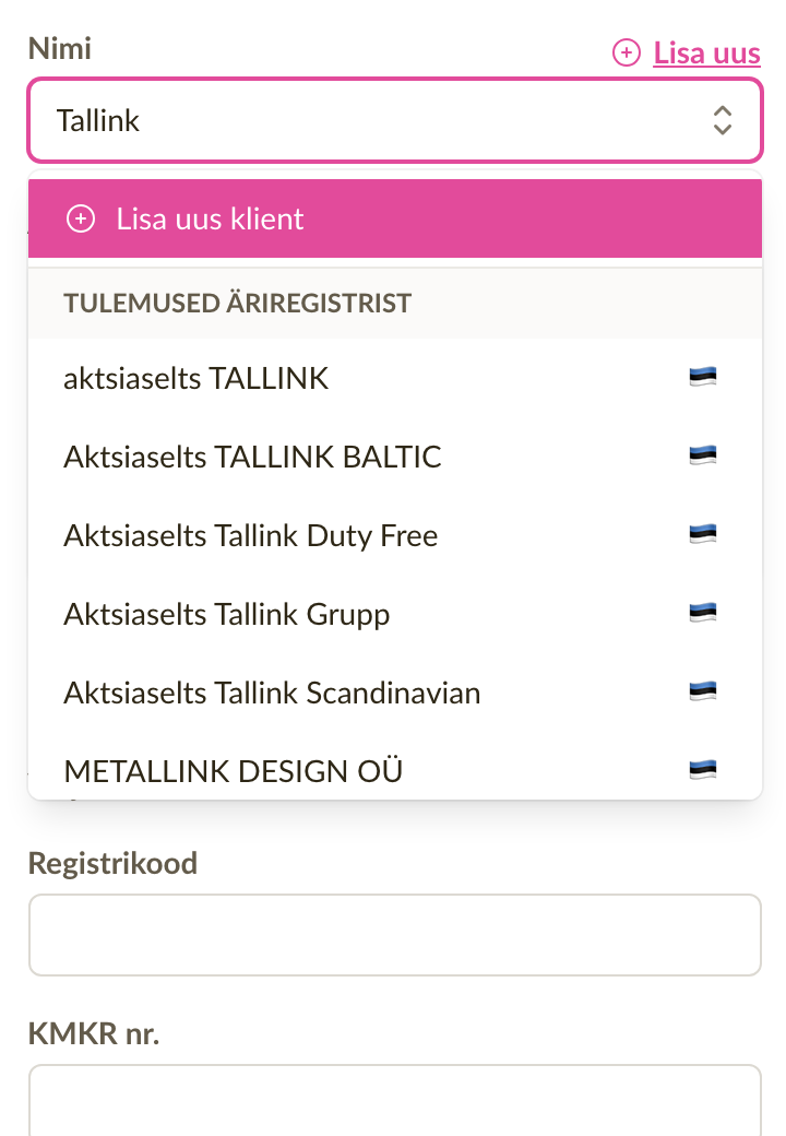 Klient paneel, kus Nimi väljal on näha äriregistri vaste — peal nupp "Lisa uus klient", järgnevad äriregistri tulemused riigilippudega