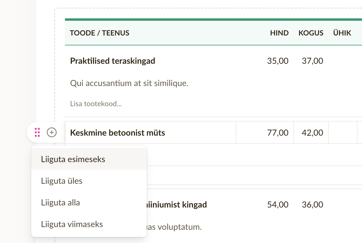 Ümberjärjestamise menüü reaartikli kõrval avatud, valikud Vii kõige üles / Vii üles / Vii alla / Vii kõige alla