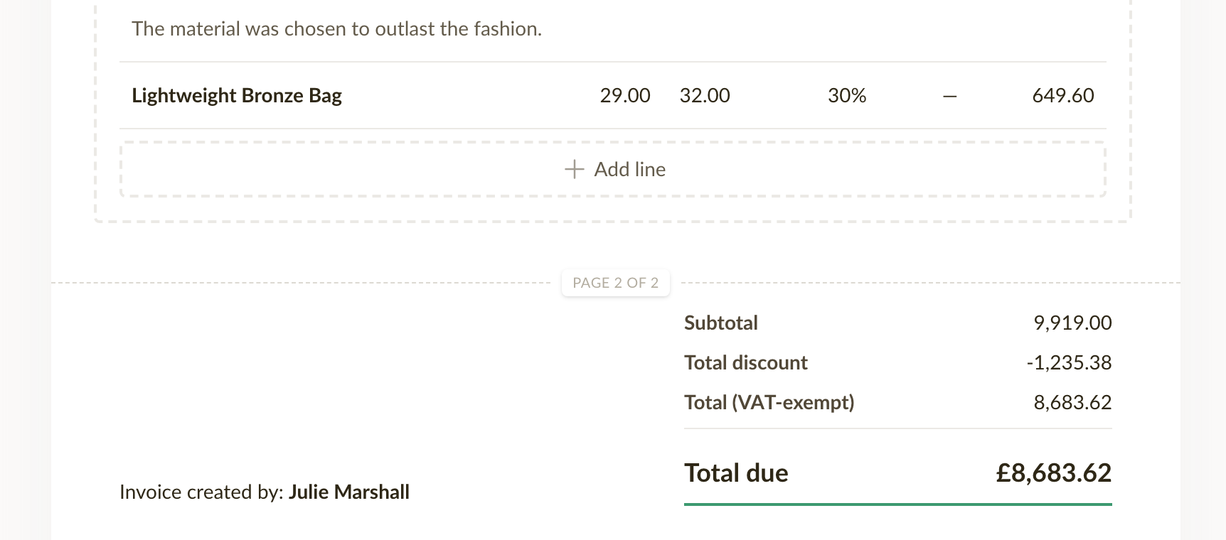 A dashed page break line between two invoice line items, labelled Page 2 of 2