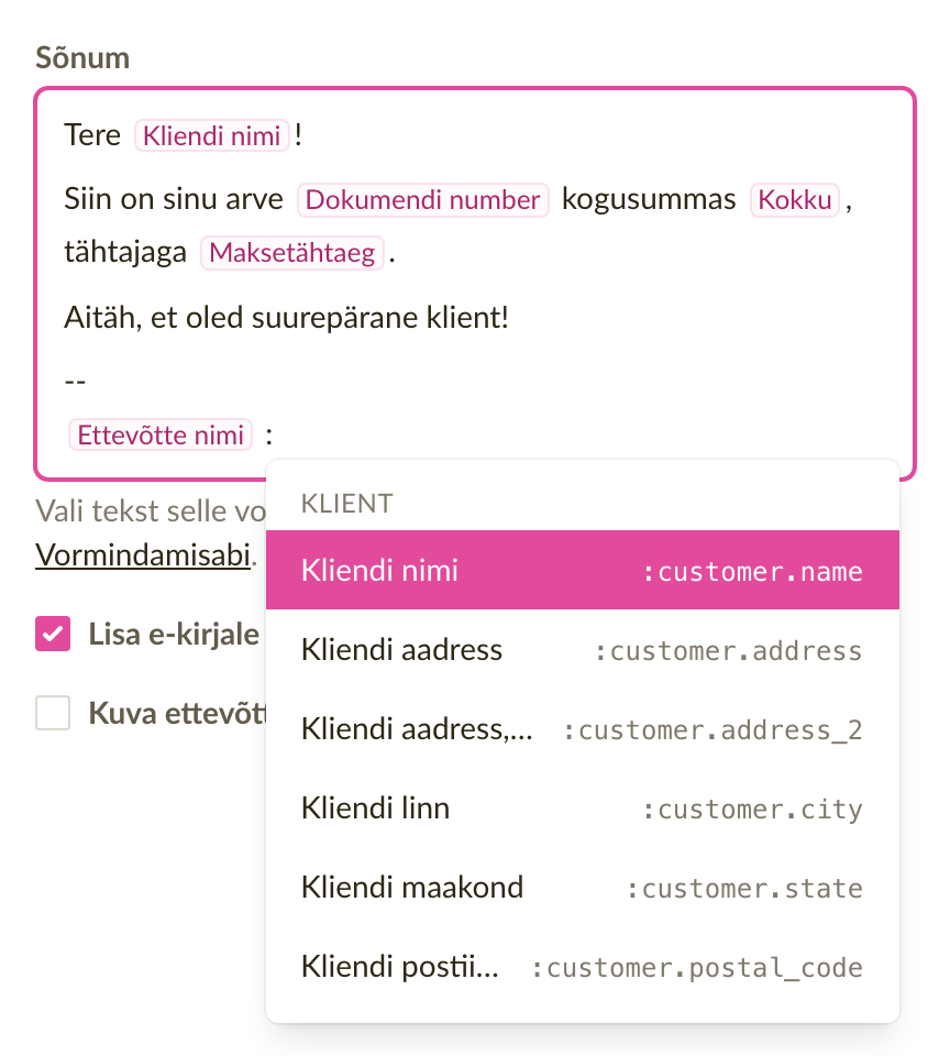 Malli sõnum muutujate märgistega ja pärast kooloni kirjutamist avanenud muutujate nimekiri