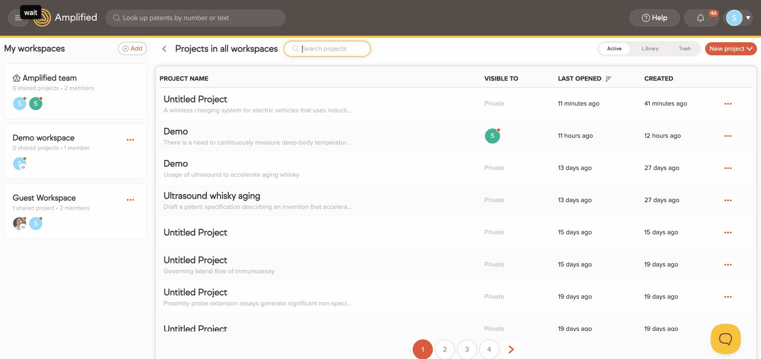 Amplified project library showing workspaces and project list