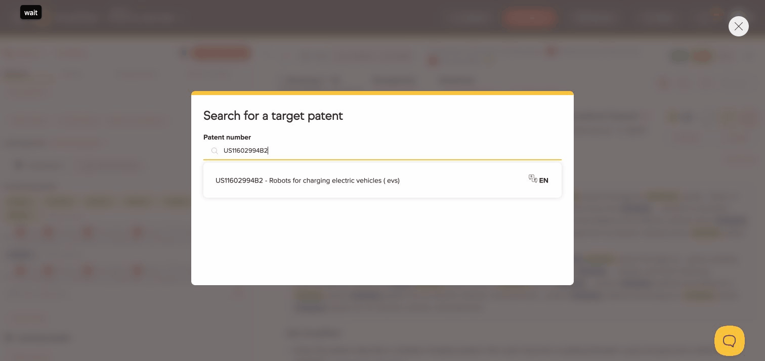 Patent number input dialog with autocomplete showing matching patent