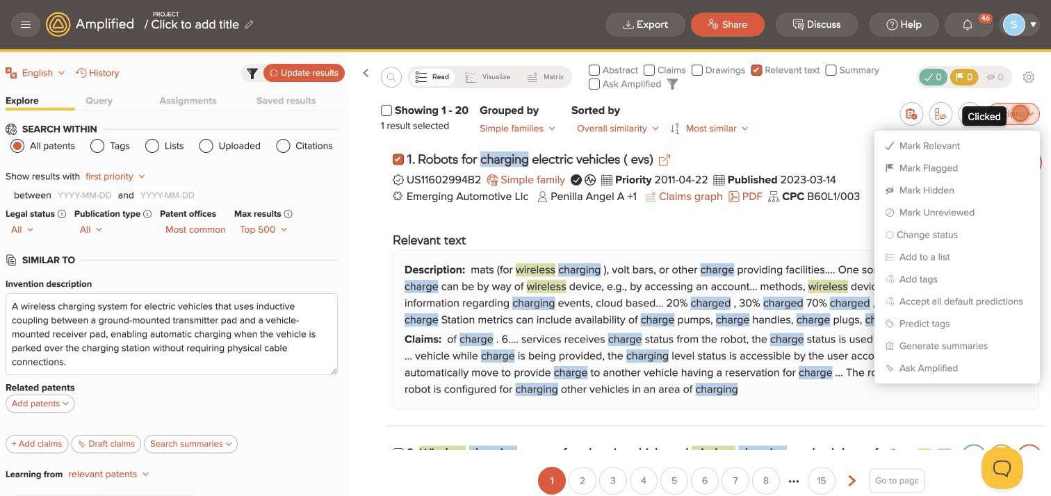 Split-view layout with results list and full patent text side panel