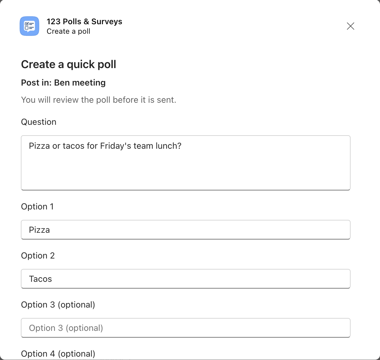 The Create a quick poll dialog in a Teams chat