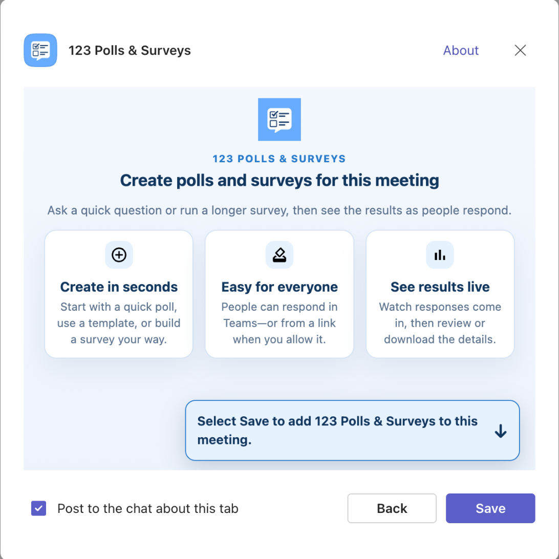 The 123 Polls & Surveys setup screen in a Teams meeting, with Save at the bottom