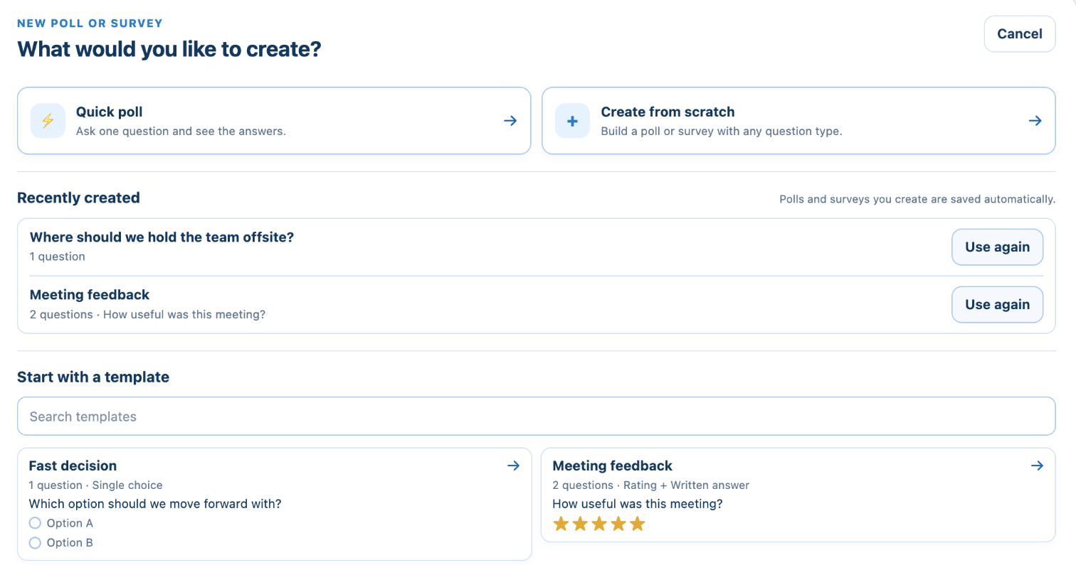 The create screen: Quick poll, Create from scratch, recently created polls and templates
