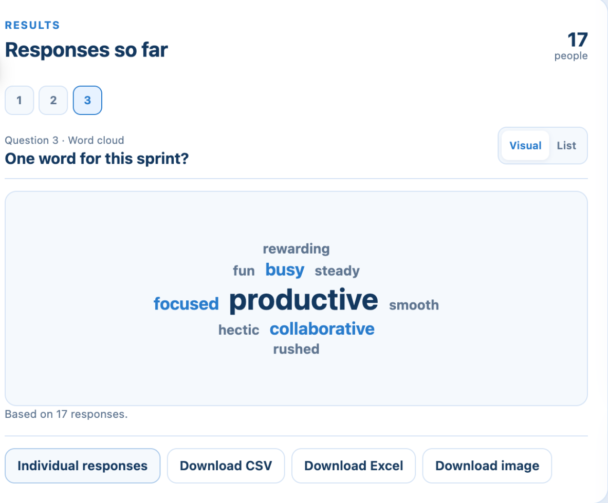 A live word cloud of one-word answers, with productive largest