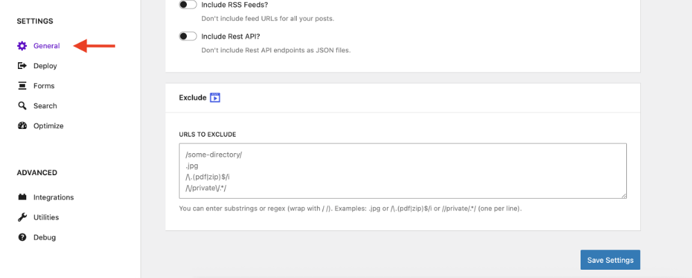 Screenshot showing the location of the Exclude option in the Simply Static admin interface