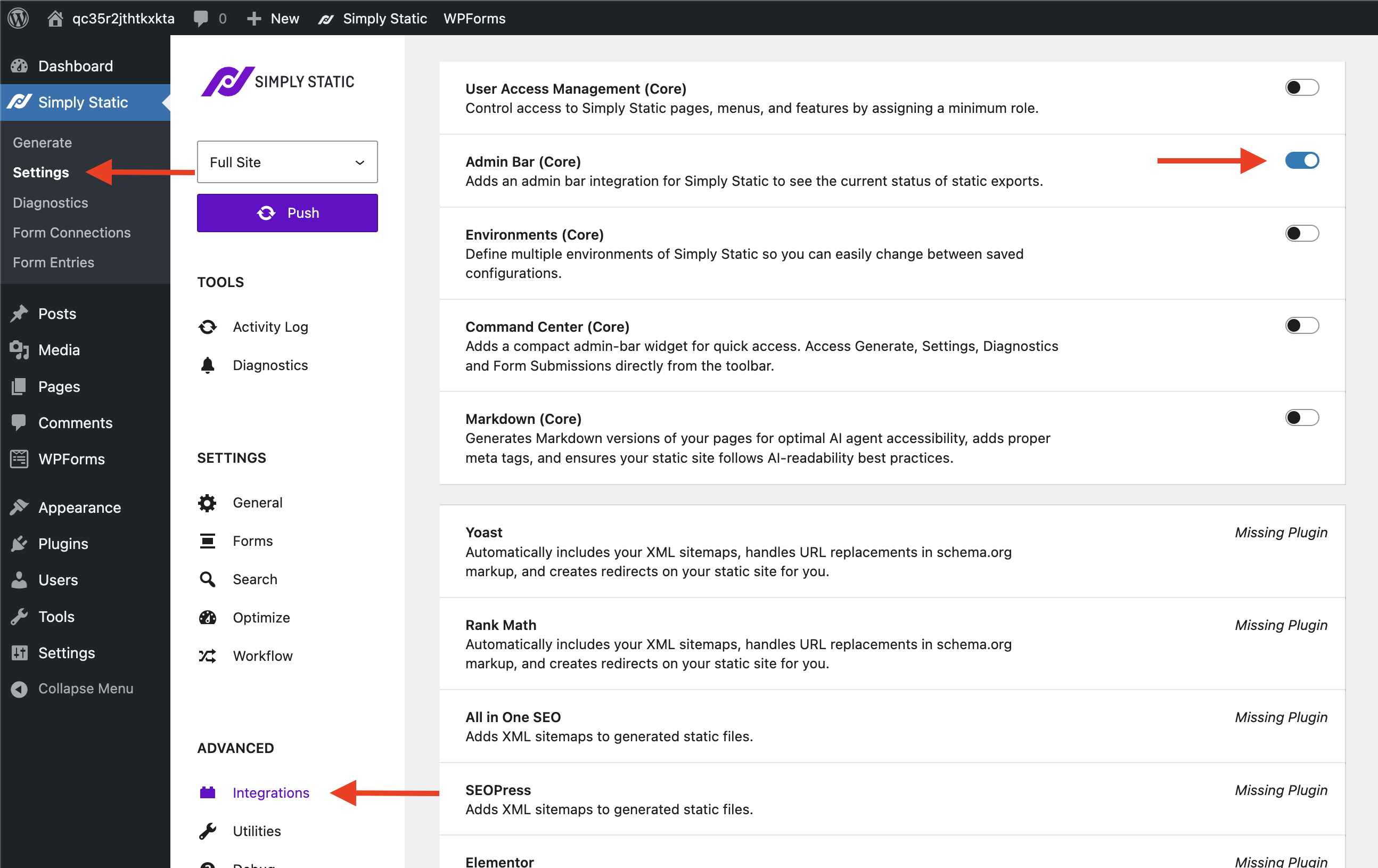 Admin Bar integration enabled in Simply Static