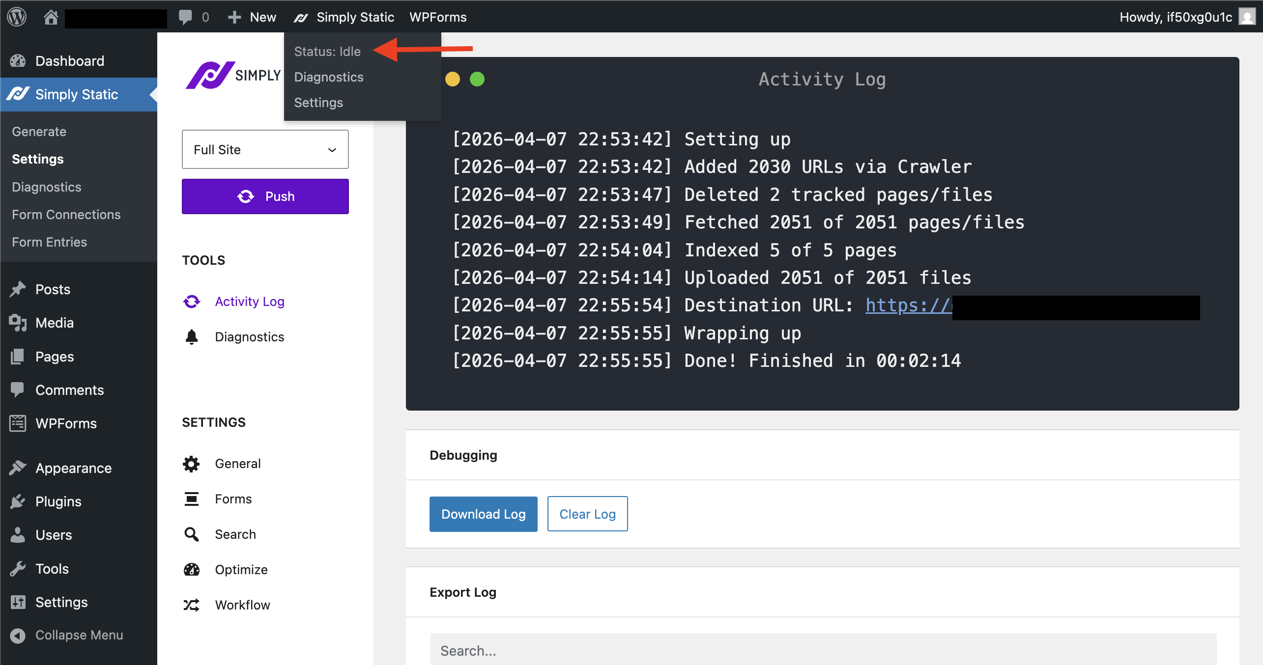 Export status shown in the Simply Static admin bar menu