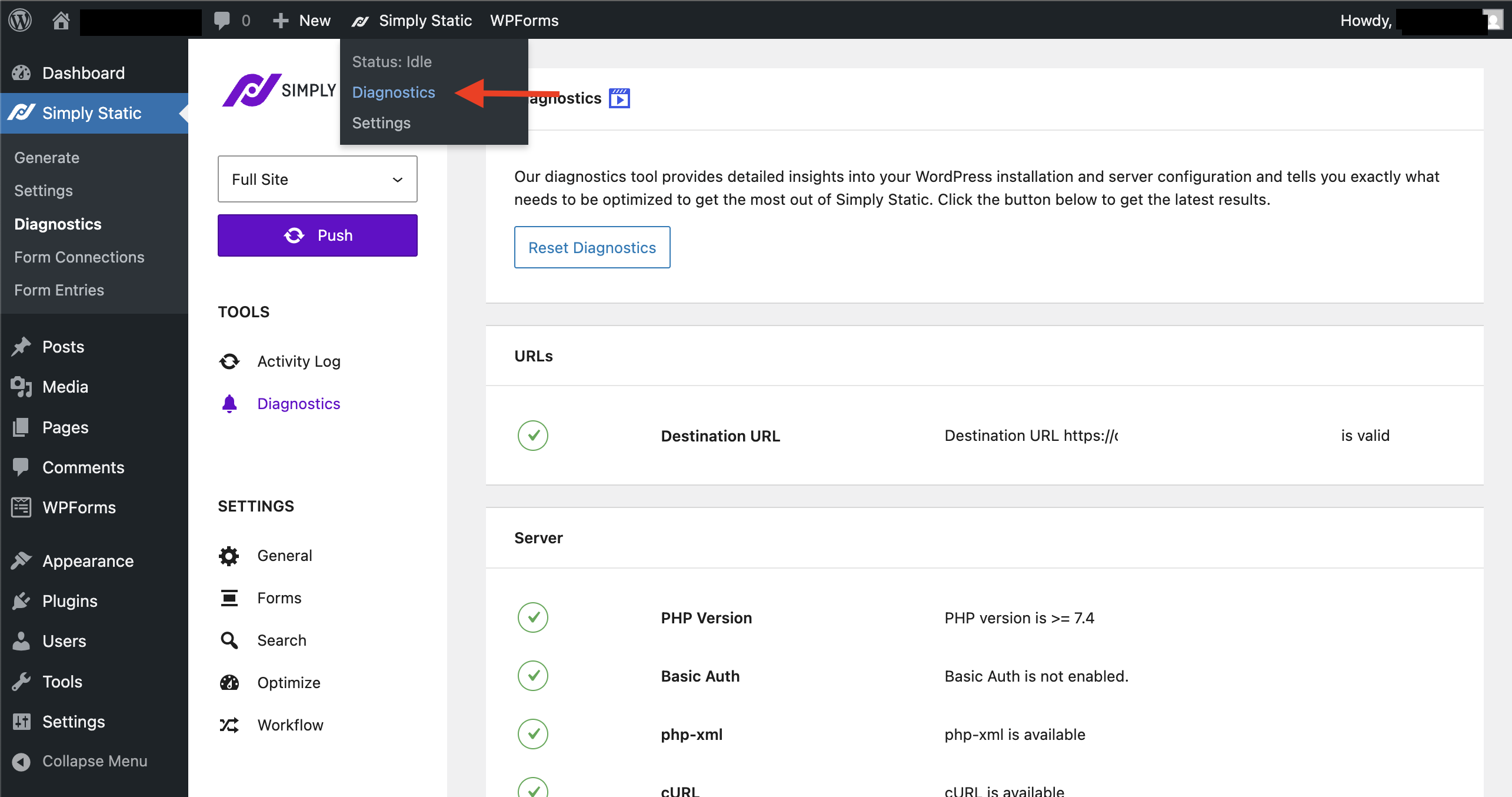 Diagnostics link in the Simply Static admin bar menu