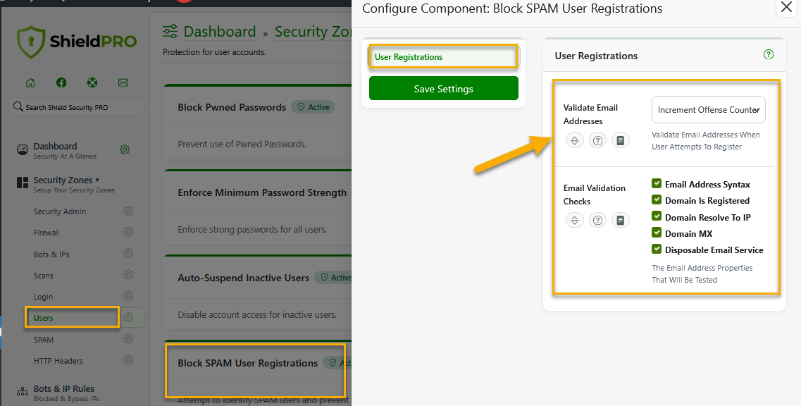 Access to User Registrations options